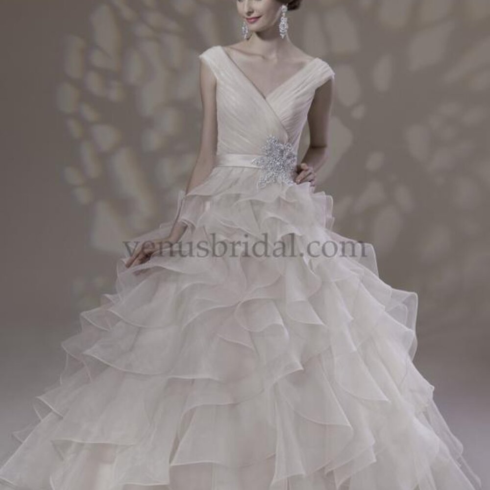 SAMPLE Wedding Dress Princess, Ruffle Ballgown, Champagne Off-the-shoulder Bling